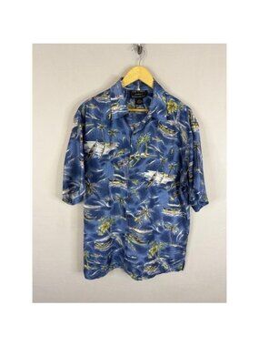 Silk Traders Hawaii Mens Blue Silk Tropical Island Palm Tree Aloha Shirt Large